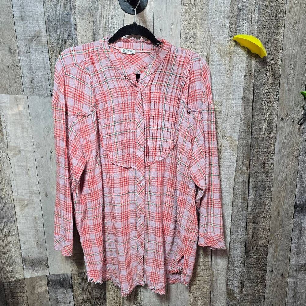 Free People Intimately Plaid Oversized Tunic Top Long Sleeve Distressed Hem